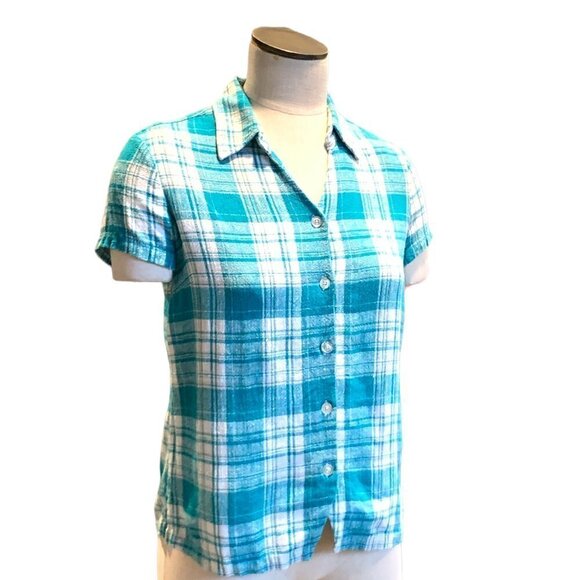 Christopher & Banks Linen Blend Plaid Short Sleeve Button Up Top Sz S #44F - Picture 3 of 8